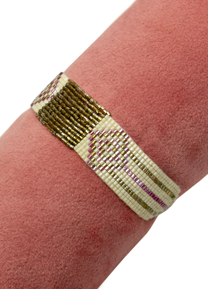 POWDER Beaded Bracelet Medium - Pink Diamonds & Gold Bar