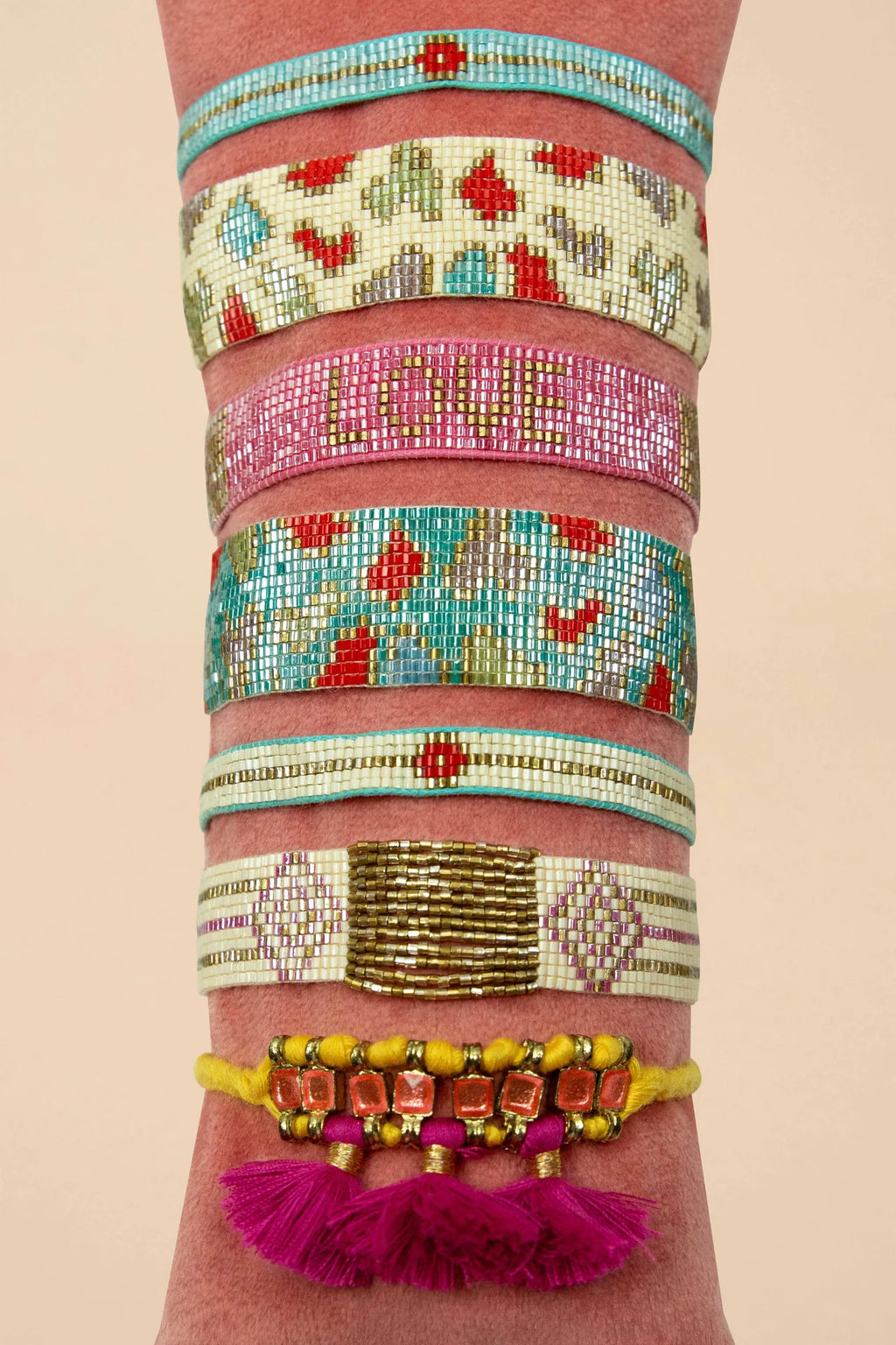 POWDER Beaded Bracelet Narrow - Cream & Gold with Diamond