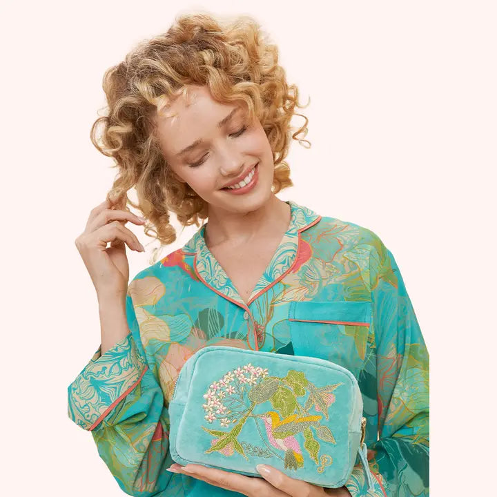 POWDER Velvet Embroidered Make Up Bag — Hummingbird, Aqua