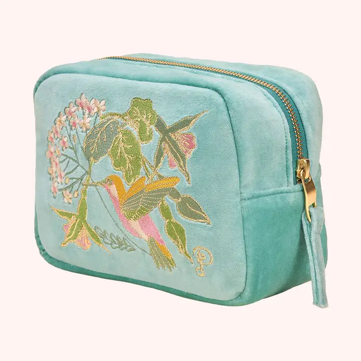 POWDER Velvet Embroidered Make Up Bag — Hummingbird, Aqua